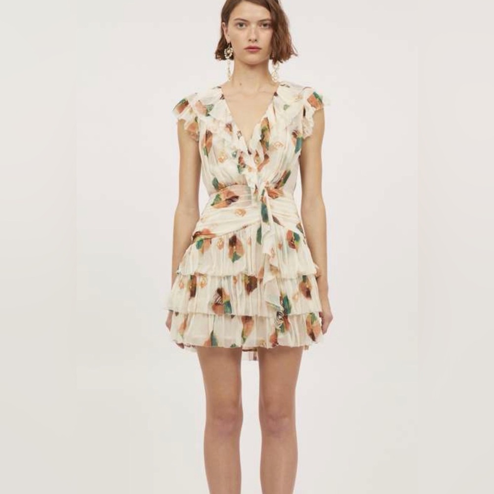 ULLA JOHNSON Size 12 • Zina White Silk Ruffle Tiered Short Sleeve Mini Dress.